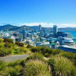 Scenic view of sunny Wellington featuring vibrant blue skies, charming harbour, busy streets, surrounded by lush green hills.