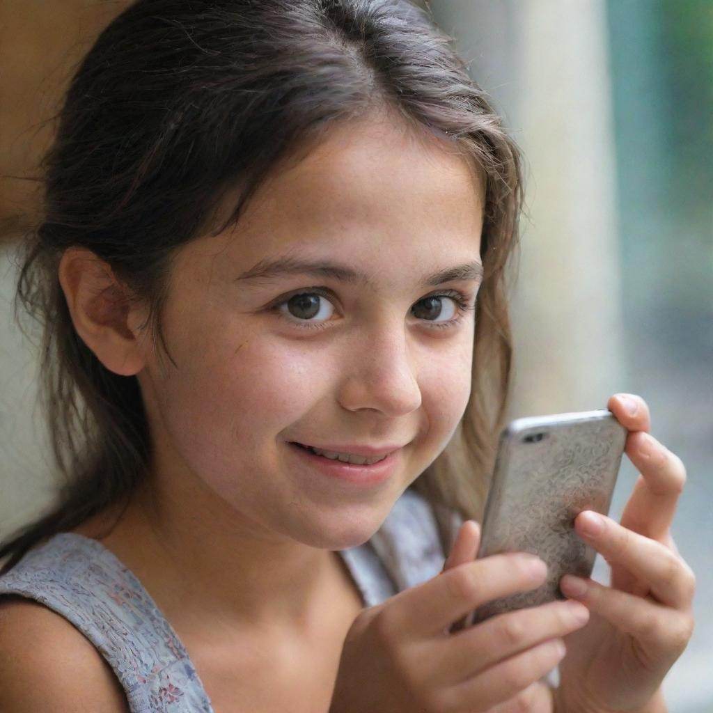 A girl, her face etched with joy, deeply engrossed in her mobile at LA PIVOINE.