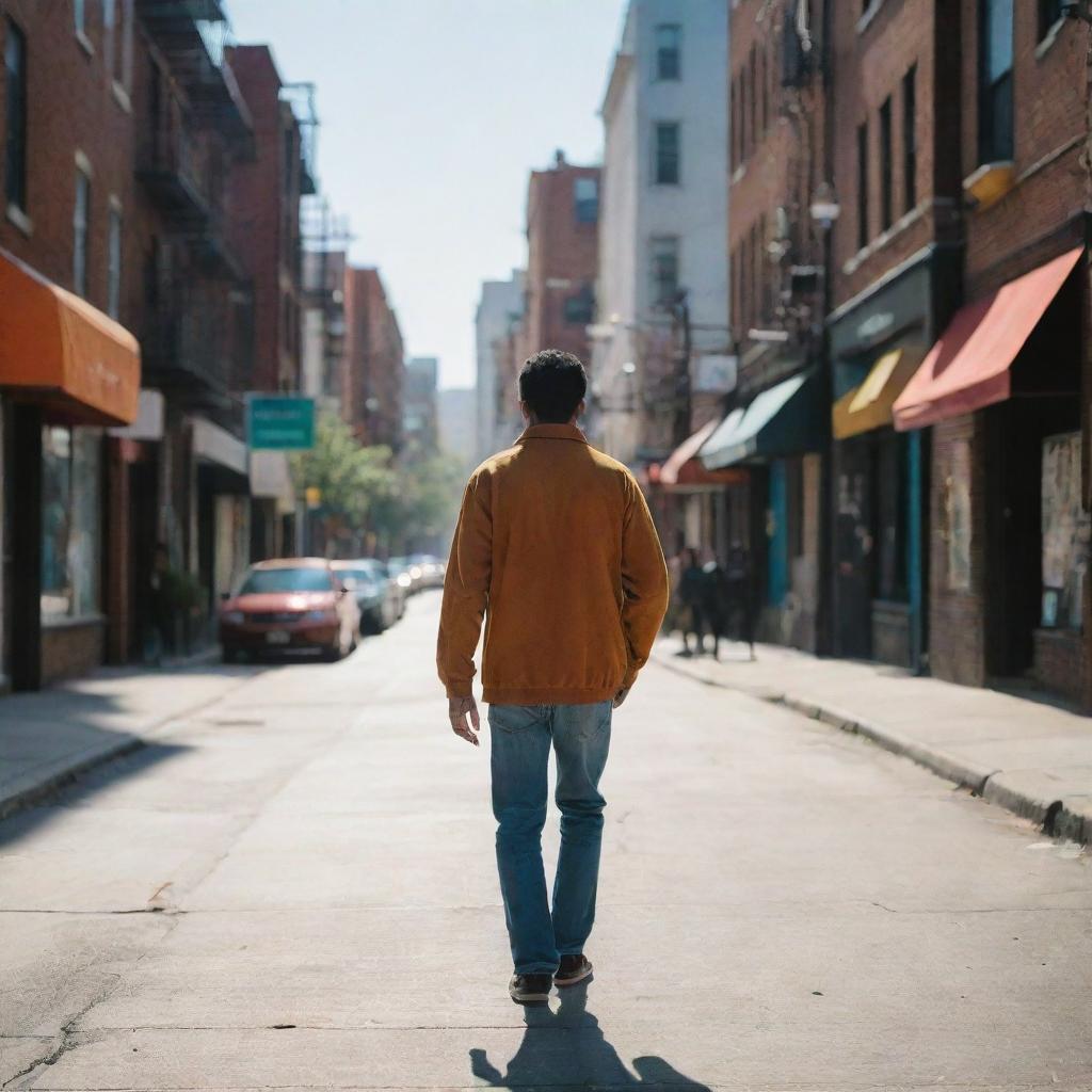 A man casually strolling down a vibrant urban street during the daytime