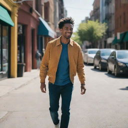 A man casually strolling down a vibrant urban street during the daytime