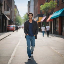 A man casually strolling down a vibrant urban street during the daytime