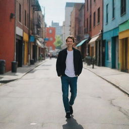 A man casually strolling down a vibrant urban street during the daytime