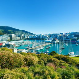 Scenic view of sunny Wellington featuring vibrant blue skies, charming harbour, busy streets, surrounded by lush green hills.