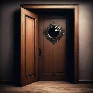 As the protagonist cautiously approached the dark room, they noticed a mysterious lunette on the door with a tiny eye peering through.