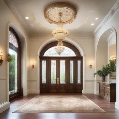 The grand entrance of the luxurious mansion included a stunning lunette above the double doors, allowing natural light to flood the foyer.