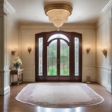 The grand entrance of the luxurious mansion included a stunning lunette above the double doors, allowing natural light to flood the foyer.