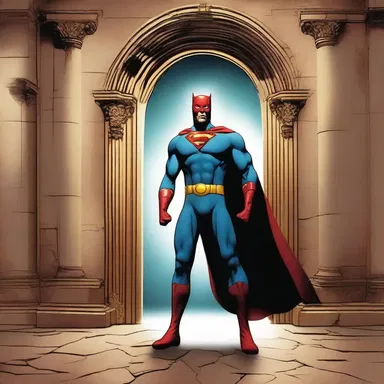 The superhero with exceptional vision noticed a faint glowing light behind the lunette of a secret door, leading them to a hidden underground base.