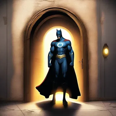The superhero with exceptional vision noticed a faint glowing light behind the lunette of a secret door, leading them to a hidden underground base.