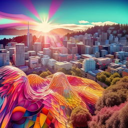 Wellington city on a sunny day transformed through a psychedelic lens, with vibrant colors, undulating landscapes, intricate fractal patterns and distortions in reality.