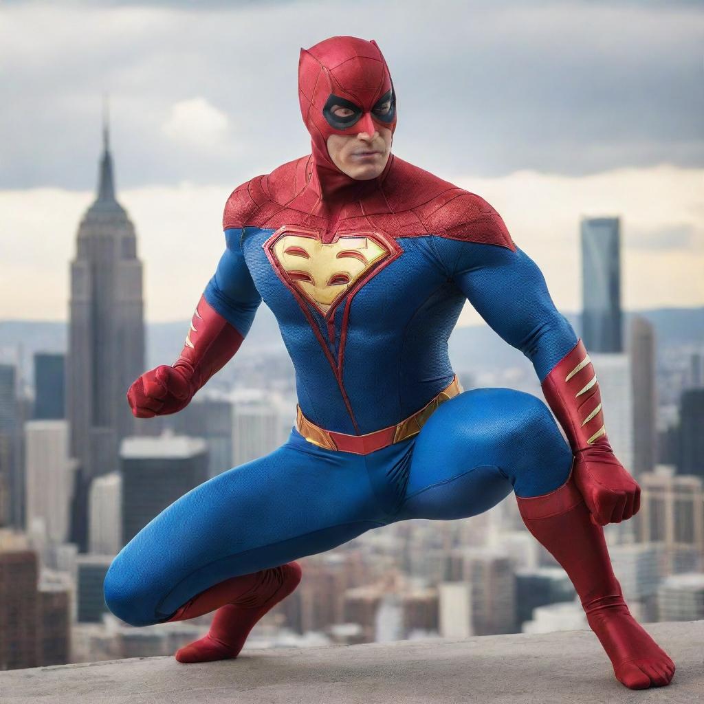 A powerful superhero in a dynamic pose, wearing a vibrant costume emblazoned with its unique symbol, ready to leap into action against a cityscape backdrop.