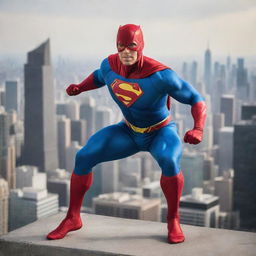 A powerful superhero in a dynamic pose, wearing a vibrant costume emblazoned with its unique symbol, ready to leap into action against a cityscape backdrop.