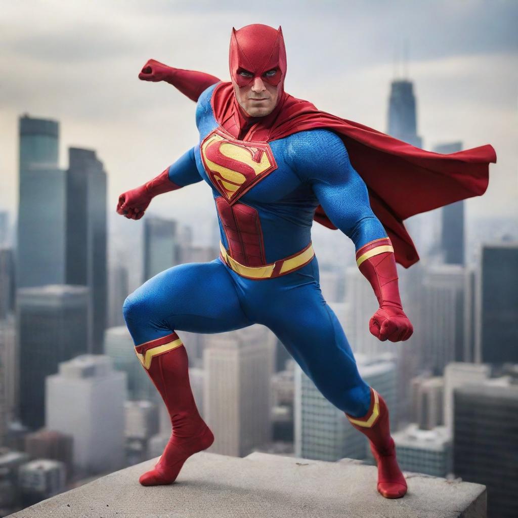 A powerful superhero in a dynamic pose, wearing a vibrant costume emblazoned with its unique symbol, ready to leap into action against a cityscape backdrop.