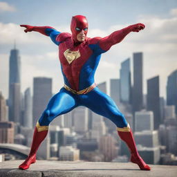 A powerful superhero in a dynamic pose, wearing a vibrant costume emblazoned with its unique symbol, ready to leap into action against a cityscape backdrop.