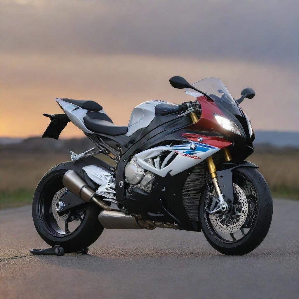 An imposing BMW S1000 RR motorcycle parked in an open space with detailed features and beautiful lighting.