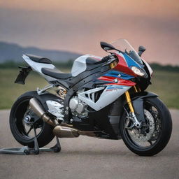 An imposing BMW S1000 RR motorcycle parked in an open space with detailed features and beautiful lighting.