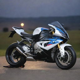 An imposing BMW S1000 RR motorcycle parked in an open space with detailed features and beautiful lighting.