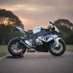 An imposing BMW S1000 RR motorcycle parked in an open space with detailed features and beautiful lighting.