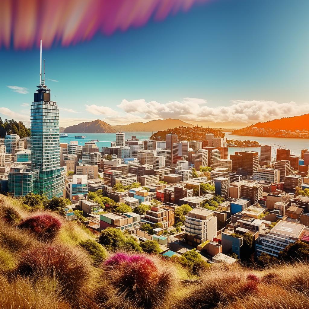 Wellington city on a sunny day transformed through a psychedelic lens, with vibrant colors, undulating landscapes, intricate fractal patterns and distortions in reality.