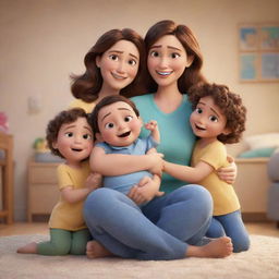 Generate a Disney Pixar style cartoon. The scene includes a joyful mother caring for her twins, surrounded by supportive characters.