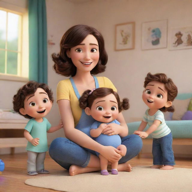 Generate a Disney Pixar style cartoon. The scene includes a joyful mother caring for her twins, surrounded by supportive characters.