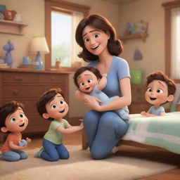 Generate a Disney Pixar style cartoon. The scene includes a joyful mother caring for her twins, surrounded by supportive characters.