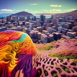 Wellington city on a sunny day transformed through a psychedelic lens, with vibrant colors, undulating landscapes, intricate fractal patterns and distortions in reality.