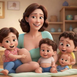 Generate a Disney Pixar style cartoon. The scene includes a joyful mother caring for her twins, surrounded by supportive characters.