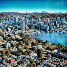 Wellington city on a sunny day transformed through a psychedelic lens, with vibrant colors, undulating landscapes, intricate fractal patterns and distortions in reality.