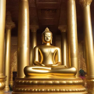 The golden Buddha statue is the centered figure in the temple.