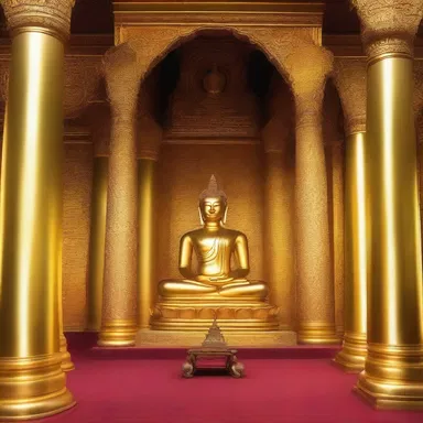 The golden Buddha statue is the centered figure in the temple.