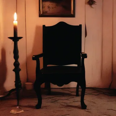 The haunted house had a centered room with a single chair and a flickering candle.