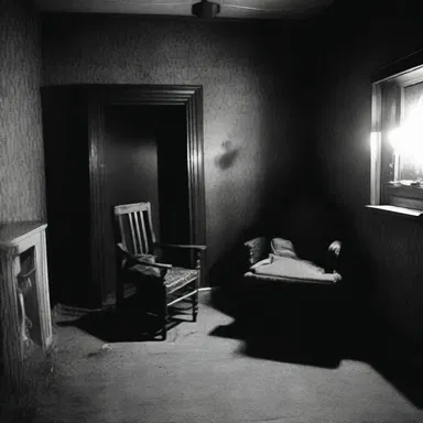 The haunted house had a centered room with a single chair and a flickering candle.