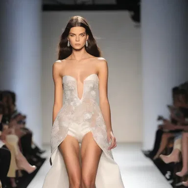 The fashion show featured a stunning model with a centered placement on the runway.