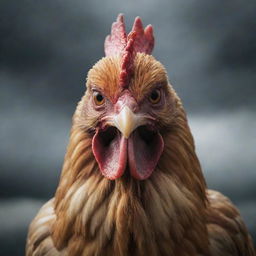 An angry chicken with a cunning expression, surrounded by a gloomy atmosphere, aiming to take control of the world.