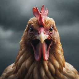 An angry chicken with a cunning expression, surrounded by a gloomy atmosphere, aiming to take control of the world.