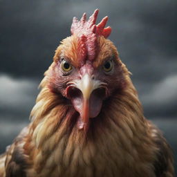 An angry chicken with a cunning expression, surrounded by a gloomy atmosphere, aiming to take control of the world.