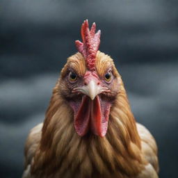 An angry chicken with a cunning expression, surrounded by a gloomy atmosphere, aiming to take control of the world.