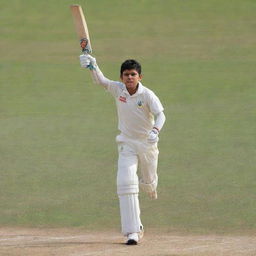 A young boy in cricket attire powerfully striking a cricket ball with his bat, sending it soaring over the long on boundary for a massive six.