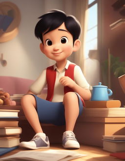 A high-quality Disney-style cartoon animation of a young, adorable Chinese boy preparing for school in a cozy home setting, with a style reminiscent of old school Disney animations