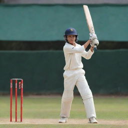 A young boy in cricket attire powerfully striking a cricket ball with his bat, sending it soaring over the long on boundary for a massive six.