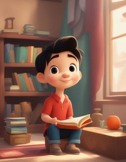 A high-quality Disney-style cartoon animation of a young, adorable Chinese boy preparing for school in a cozy home setting, with a style reminiscent of old school Disney animations