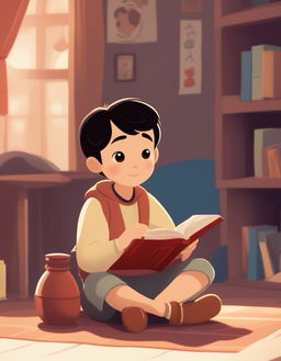 A high-quality Disney-style cartoon animation of a young, adorable Chinese boy preparing for school in a cozy home setting, with a style reminiscent of old school Disney animations