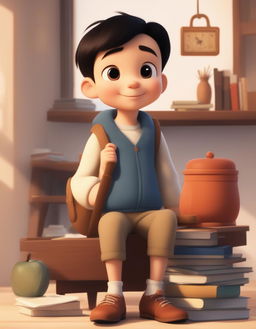 A high-quality Disney-style cartoon animation of a young, adorable Chinese boy preparing for school in a cozy home setting, with a style reminiscent of old school Disney animations