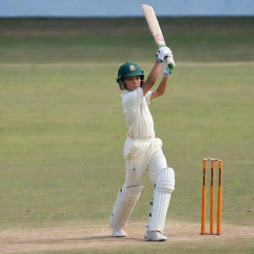 A young boy in cricket attire powerfully striking a cricket ball with his bat, sending it soaring over the long on boundary for a massive six.