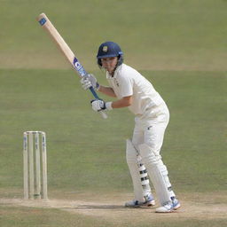 A young boy in cricket attire powerfully striking a cricket ball with his bat, sending it soaring over the long on boundary for a massive six.