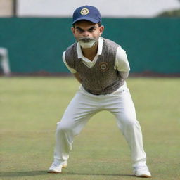 Virat Kohli, the cricketer, portrayed as a clever and elegant cat in human attire, showing his unique athletic skills