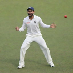 Virat Kohli, the cricketer, portrayed as a clever and elegant cat in human attire, showing his unique athletic skills