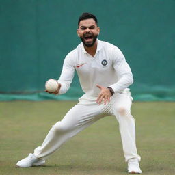 Virat Kohli, the cricketer, portrayed as a clever and elegant cat in human attire, showing his unique athletic skills