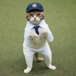 Virat Kohli, the cricketer, portrayed as a clever and elegant cat in human attire, showing his unique athletic skills