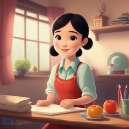 A delightful, high-definition Disney-style cartoon animation depicting a young, extremely cute Chinese girl preparing for school in a warm, inviting home setting